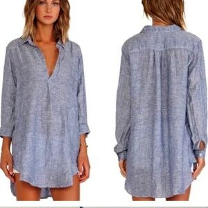 CP Shades Linen TETON Chambray Shift Dress Shirt Lagenlook Boho Long Sleeve